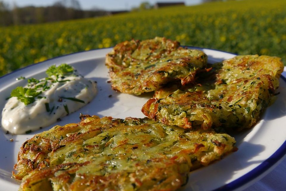 Zucchini-Kartoffel-Fladen mit Aioli, vegan