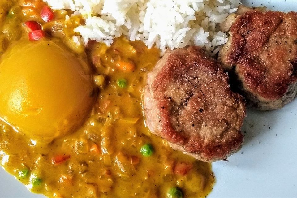 Schweinefilet-Medaillons mit Pfirsichen in pikant-fruchtiger Curry-Sahnesauce