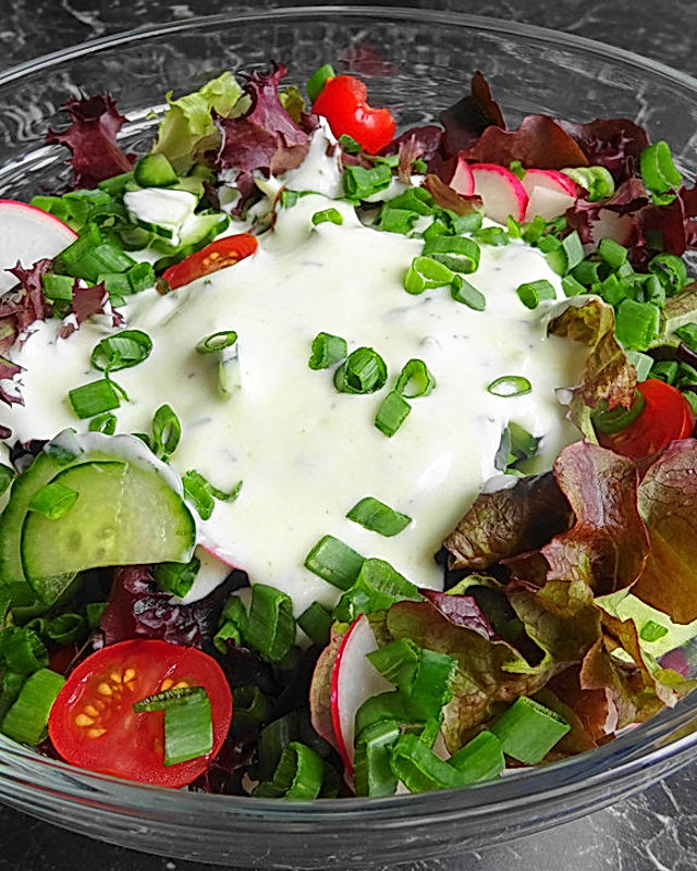Kopfsalat, Gurke, Radieschen und Tomaten mit einem Joghurt Knoblauch Dressing