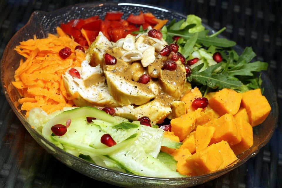 Süßkartoffel-Hähnchen-Buddha Bowl mit Erdnussdressing