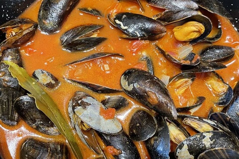 Miesmuscheln in pikanter Tomaten-Weißweinsauce