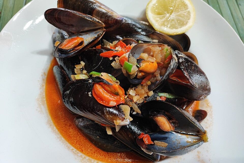 Miesmuscheln in pikanter Tomaten-Weißweinsauce