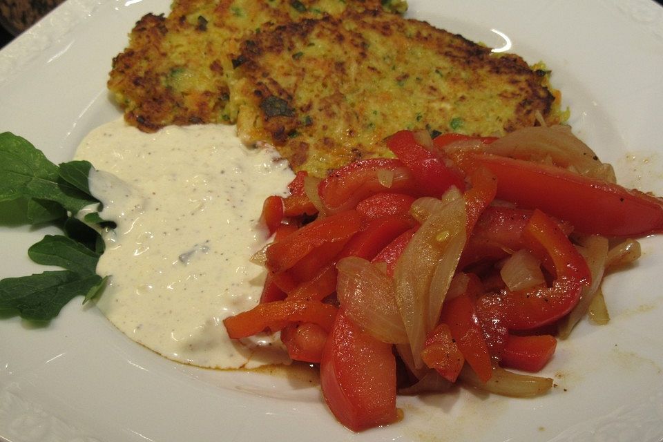 Pastinaken-Rösti mit Käsedip und lauwarmem Paprikasalat