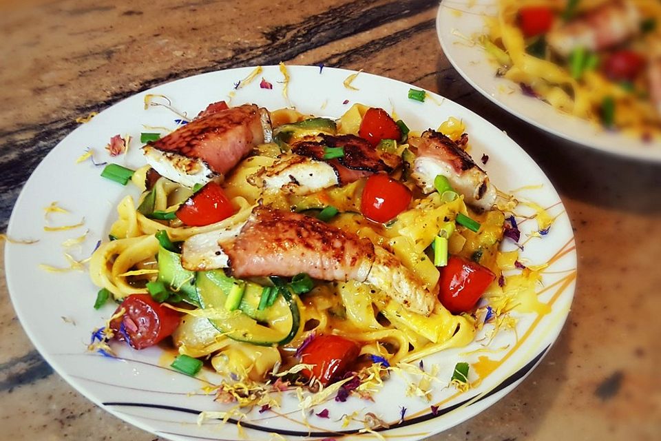 Seelachsfilet im Speckmantel mit Zucchini- und Bandnudeln und Pesto