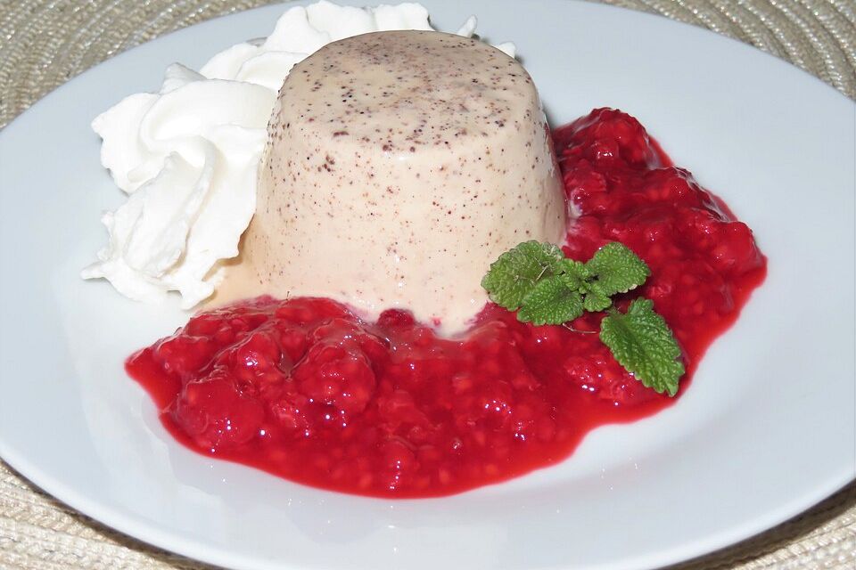 Lebkuchen Panna Cotta mit Himbeeren