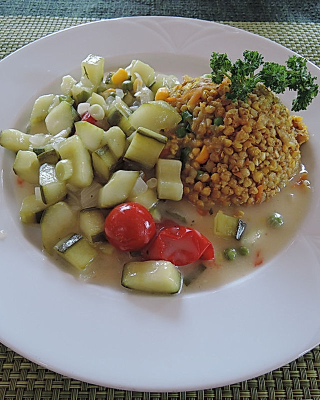 Zucchini-Gemüsebeilage zu Buchweizen mit Mais und Erbsen