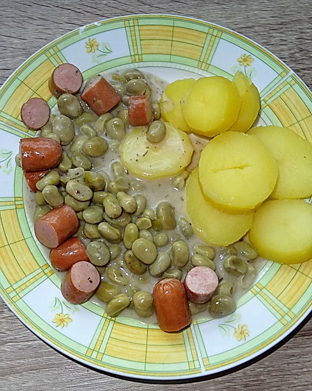 Gemüsebouillon-Kartoffeltaler mit Dicken Bohnen à la Didi