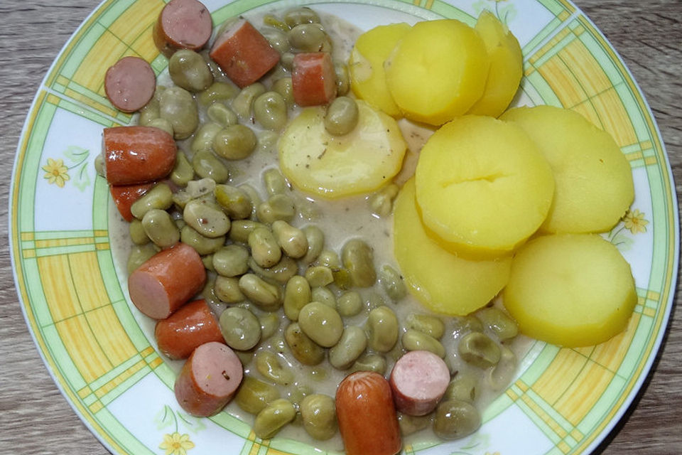 Gemüsebouillon-Kartoffeltaler mit Dicken Bohnen à la Didi