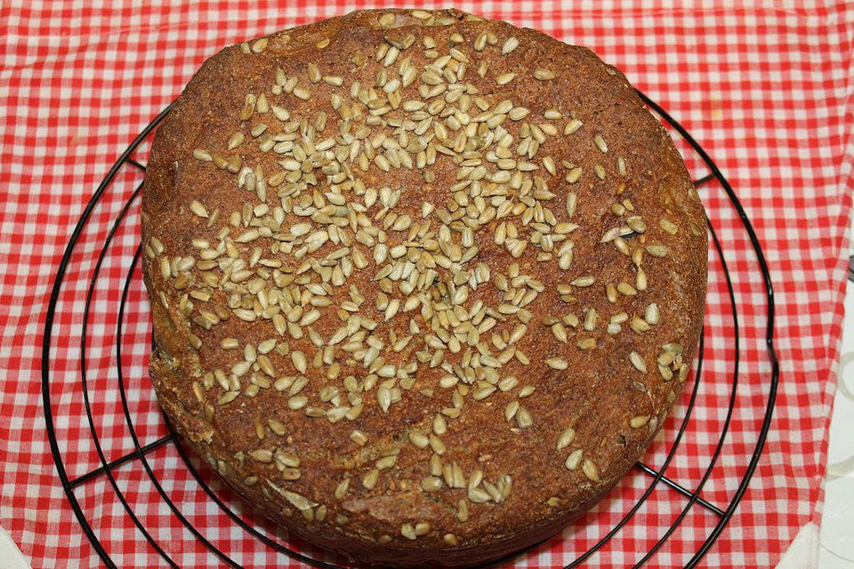 Emmer-Dinkel-Skyr-Vollkorn-Sauerteig-Brot mit zweierlei Leinsamen aus dem Bräter