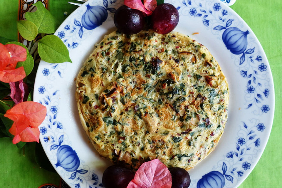 Omelette mit Entenfleisch und Shiitake-Pilzen