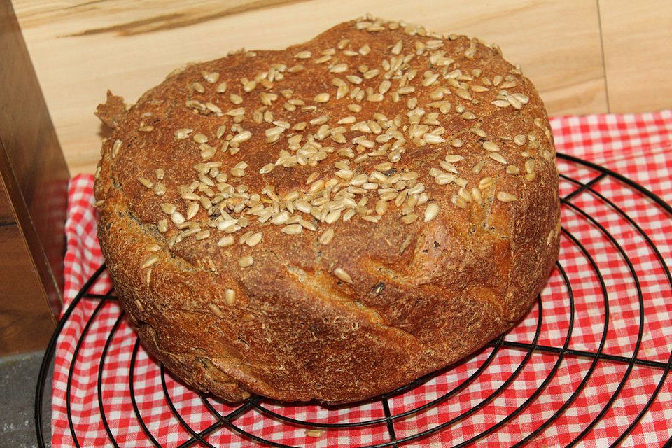 Einkorn-Dinkel-Buttermilch-Vollkornbrot mit Kürbiskernen aus dem Bräter