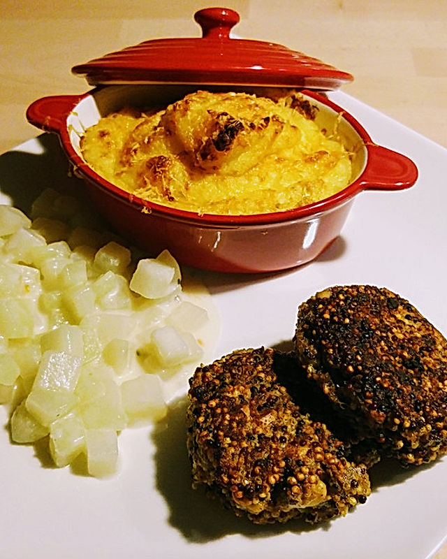Quinoa-Frikadelle mit Senfdip, gebackener Kartoffelstampf und Spinat-Salat