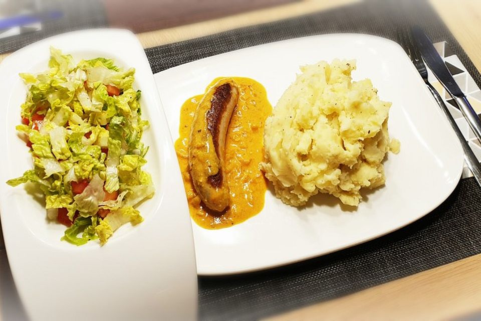 Thüringer Rostbratwurst auf Curryrahmsoße mit Kartoffelstampf und Romana-Tomaten-Salat