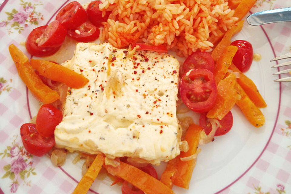 Gebratener Hirtenkäse mit Paprika und Tomaten, Low Carb