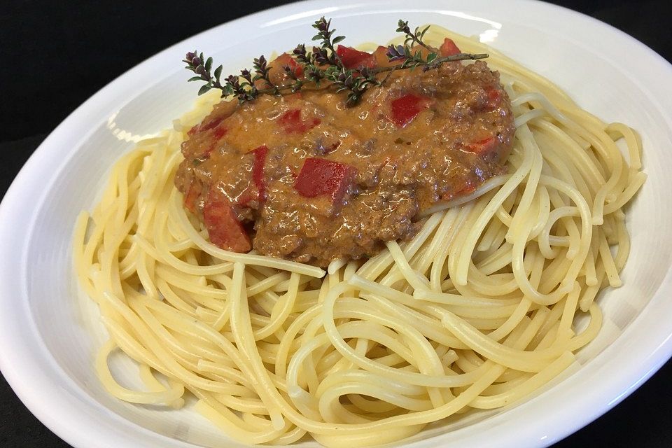 Gehacktes in Paprika-Tomatensoße mit Nudeln