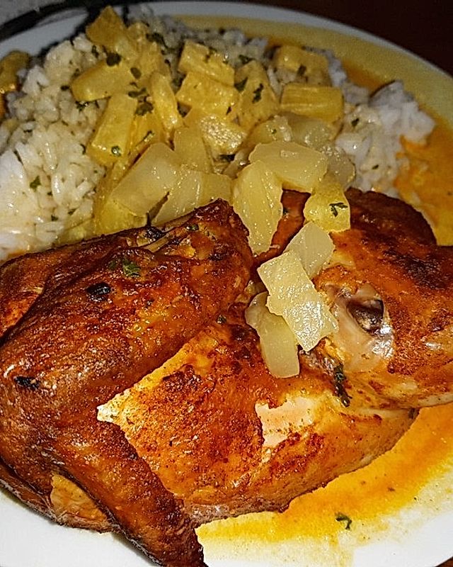Hähnchen in Ananas-Curry-Sahnesauce mit Reis