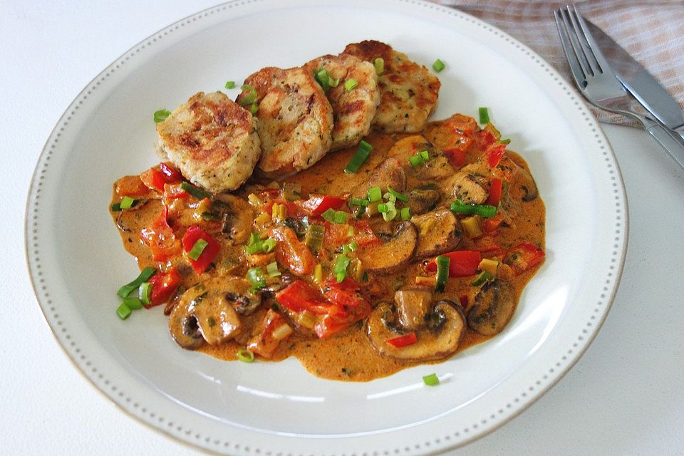 Frühlingssoße mit Champignons, Paprika und Lauchzwiebeln