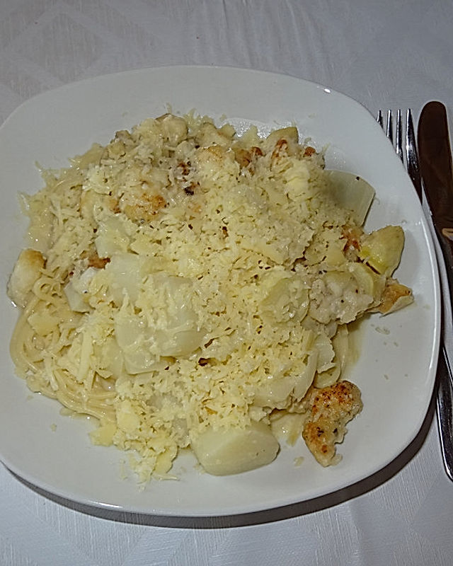 Spaghetti mit Spargel und Seeteufel in Weißweinsauce à la Didi