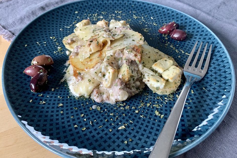 Kartoffelauflauf aus rohen Kartoffeln mit Hackfleisch und Feta