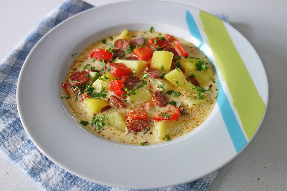 Kartoffel-Paprika-Suppe mit Crème fraîche