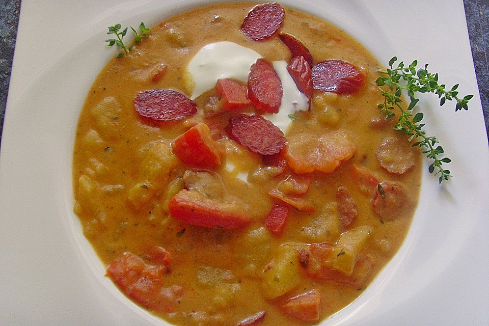 Kartoffel-Paprika-Suppe mit Crème fraîche