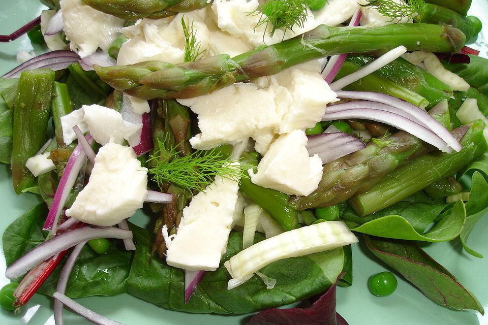 Salat mit Spargel, Erbsen, Fenchel und Mozzarella