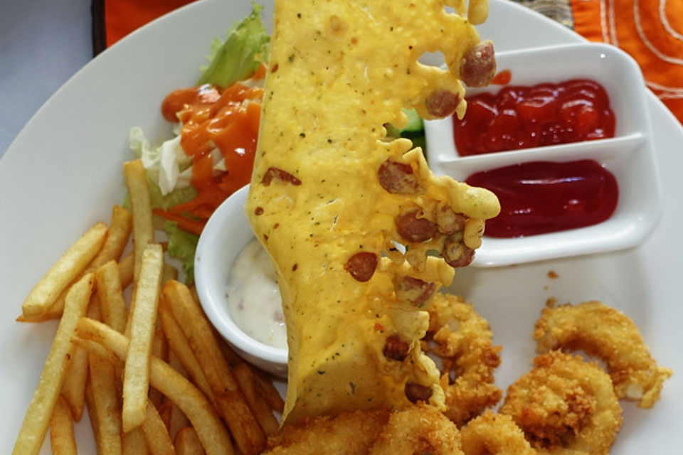 Frittierte Tintenfischringe mit Pommes frites und knusprigen Reiskräcker