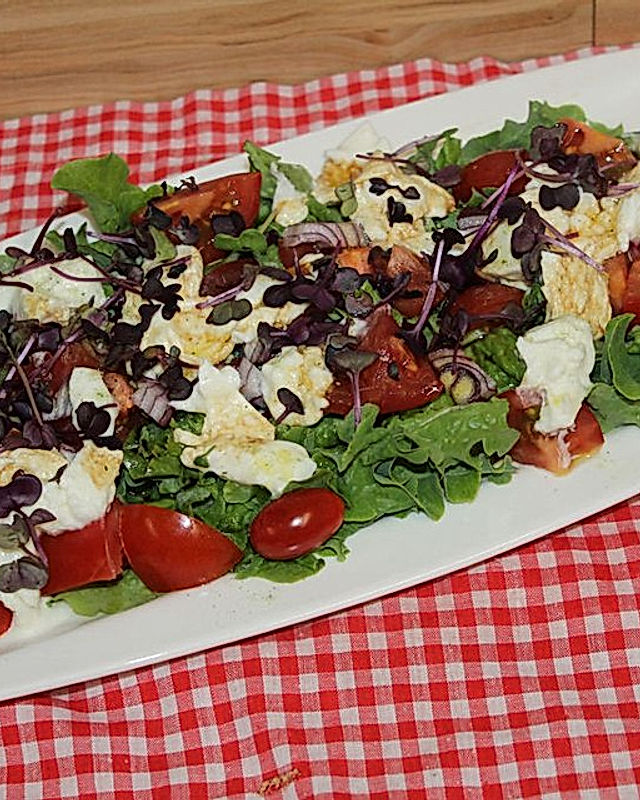 Eichblattsalat mit Tomate, Mozzarella, roter Zwiebel und Radieschensprossen in Balsamico-Olivenöl-Dressing