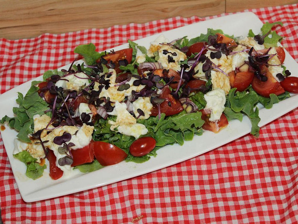 Eichblattsalat mit Tomate, Mozzarella, roter Zwiebel und ...