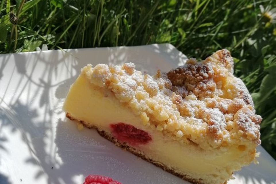 Pudding-Streuselkuchen mit Himbeeren