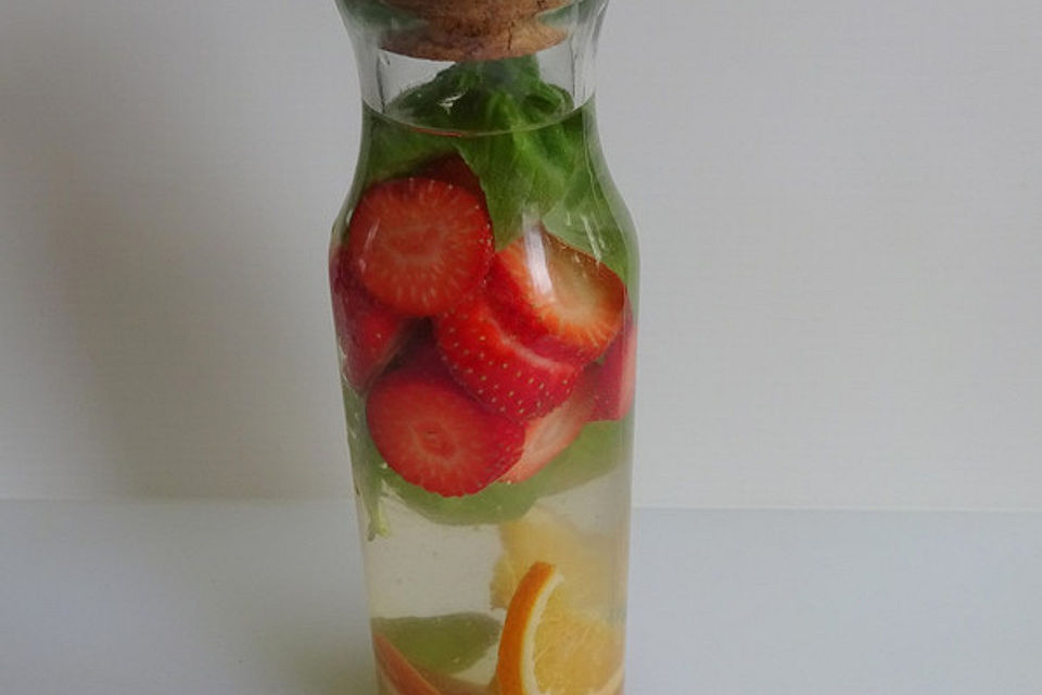 Aromatisiertes Wasser mit Erdbeeren, Orange und Basilikum