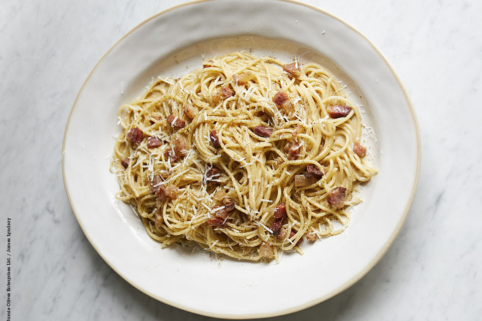 Einfache Carbonara - Mit Speck, Eiern und Parmesan