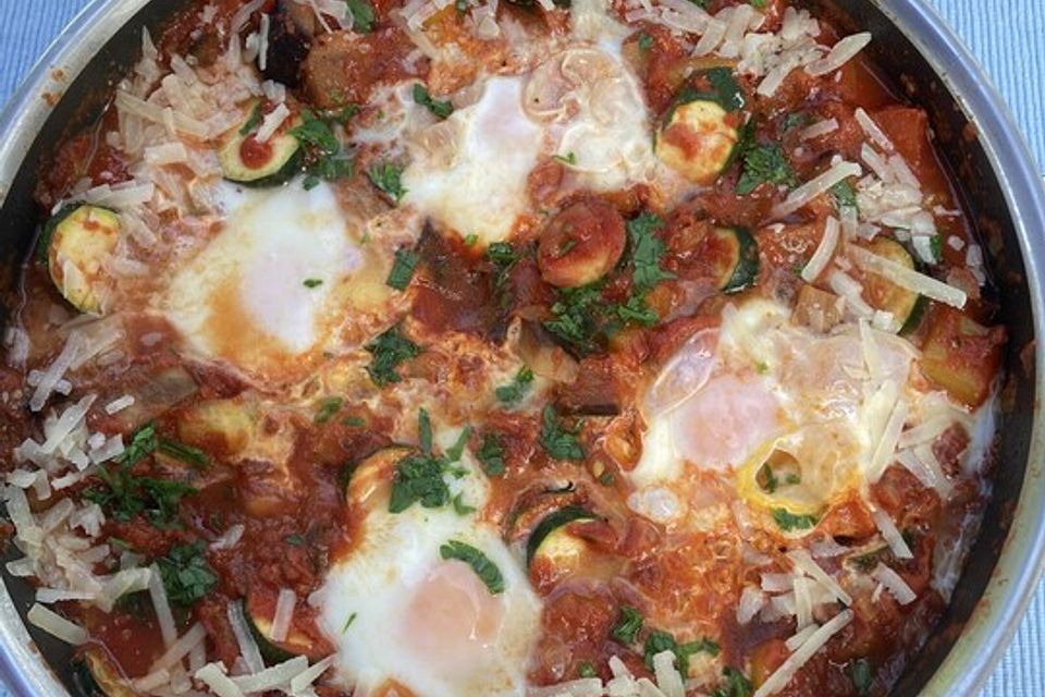 Shakshuka mit Auberginen, Tomaten und Paprika