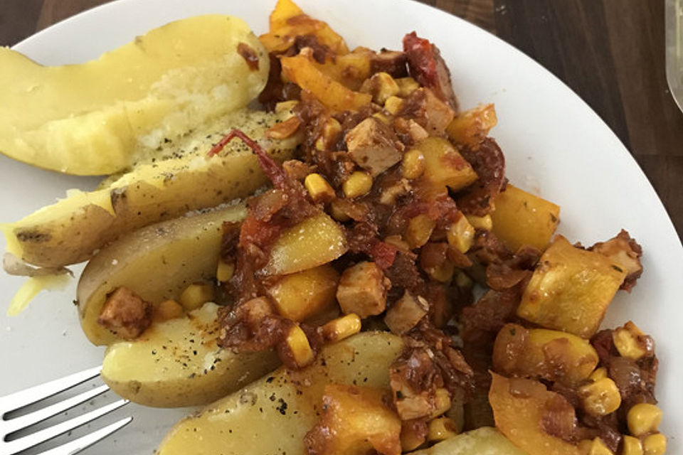 Kartoffeln mit Tofu-Gemüse-Pilz-Pfanne