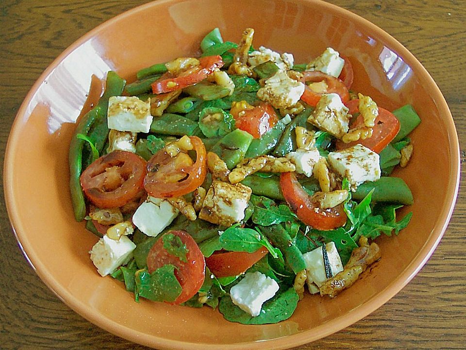 Grune Bohnen Mit Tomaten Ruccola Schafskase Salat Von Jonielady Chefkoch