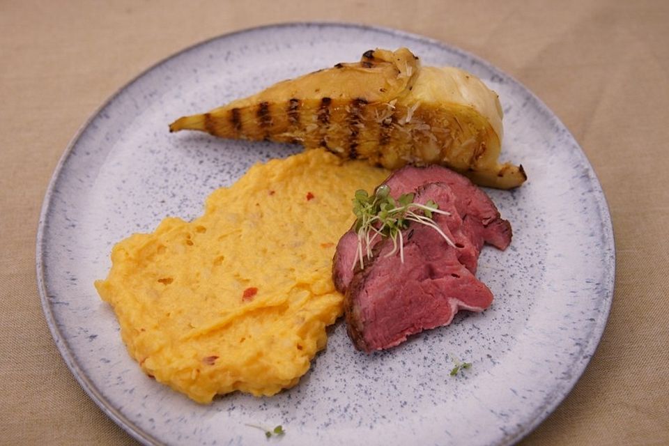 Beef, Harissa Mash, burned Sweetheart Cabbage