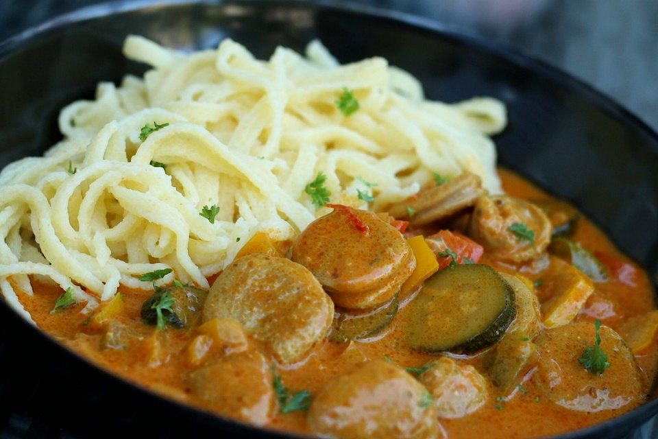 Buntes Wurstgulasch mit Paprika und Zucchini