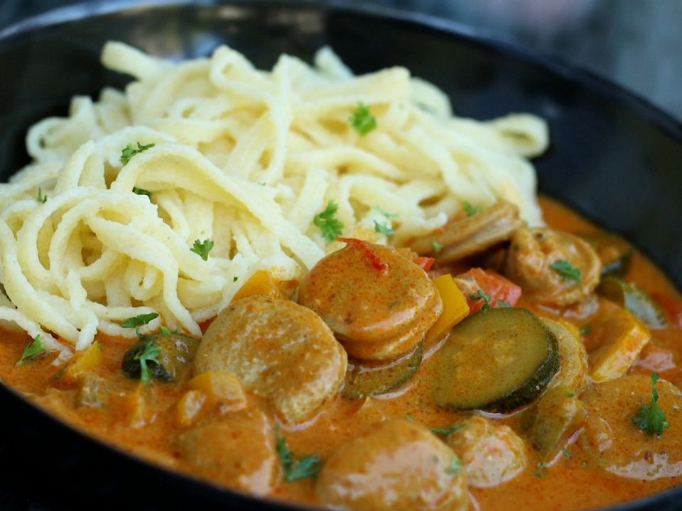 Buntes Wurstgulasch mit Paprika und Zucchini von ManuGro| Chefkoch