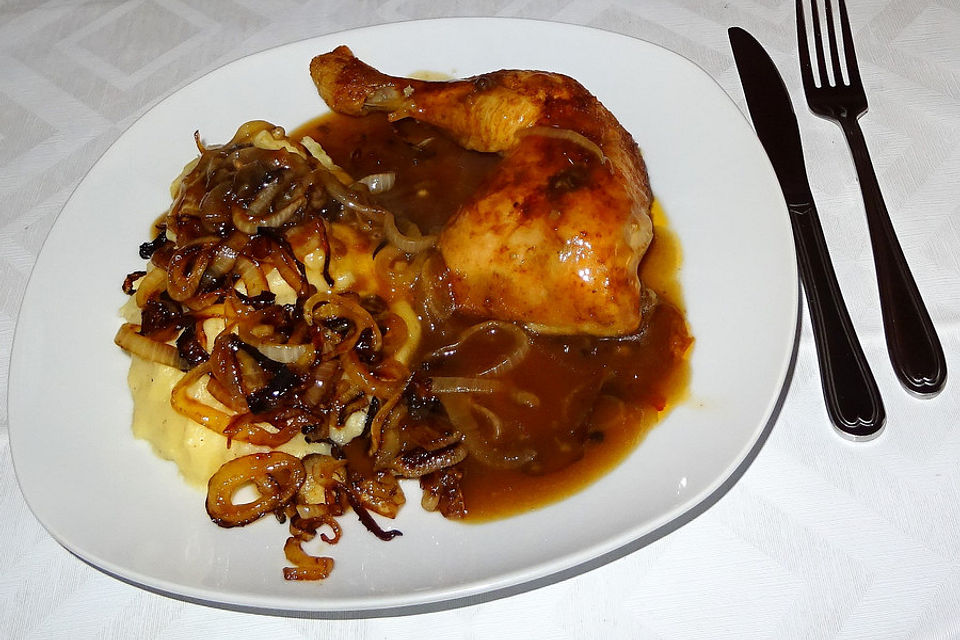 Hähnchenschenkel mit Kartoffelpüree und Röstzwiebeln à la Didi