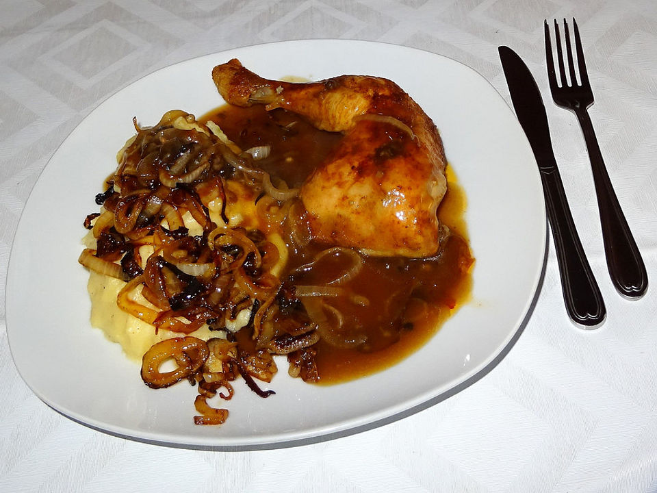 Hahnchenschenkel Mit Kartoffelpuree Und Rostzwiebeln A La Didi Von Dieterfreundt Chefkoch