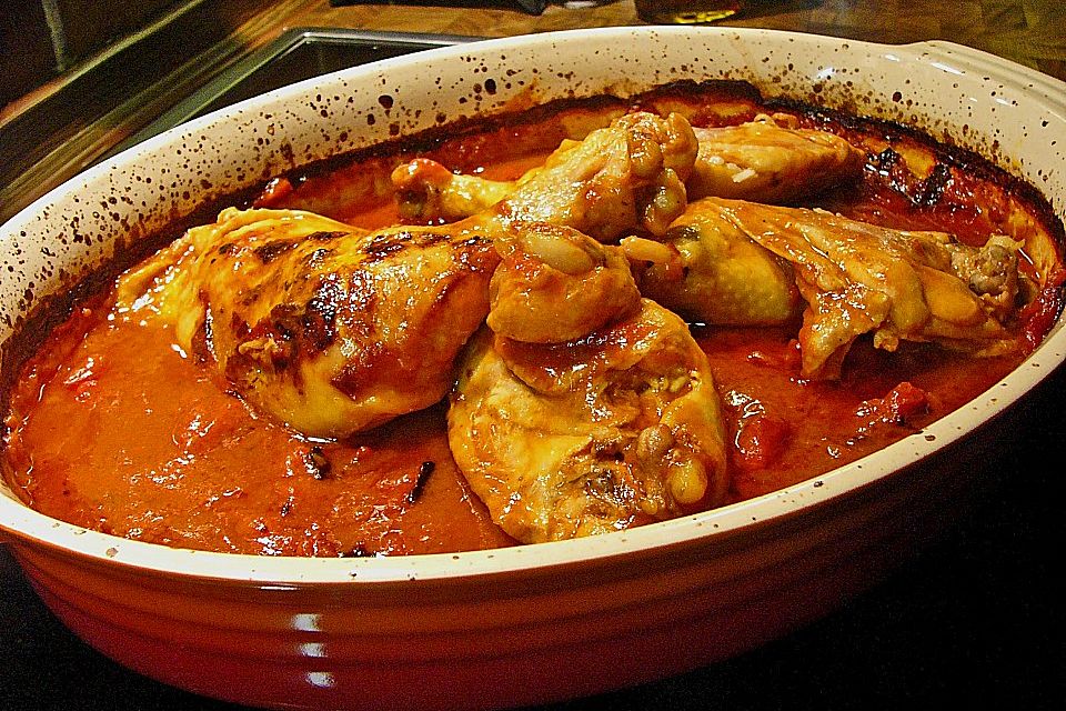 Hähnchenschenkel mit Tomatensoße