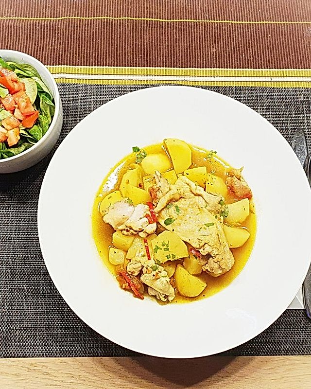 Tajine mit Hähnchen und Kartoffeln in würzigem Currysud und Salat