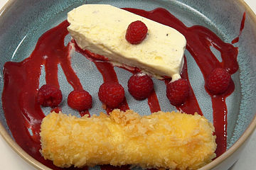 Frittierte Cheesecake-Cannelloni mit Vanilleparfait auf Himbeerspiegel