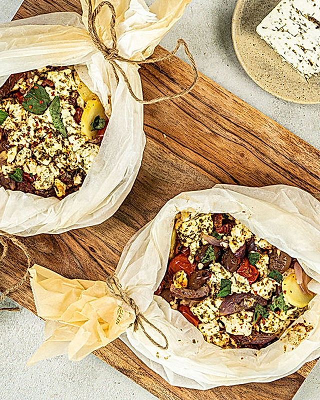 Mediterraner Kräuter-Schafskäse mit Oliven, Kartoffeln und getrockneten Tomaten