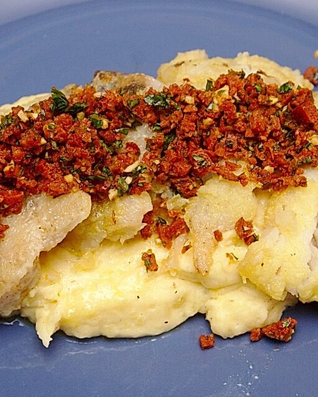 Seelachsfilet auf Mascarpone-Kartoffelpüree mit Chorizo-Gremolata