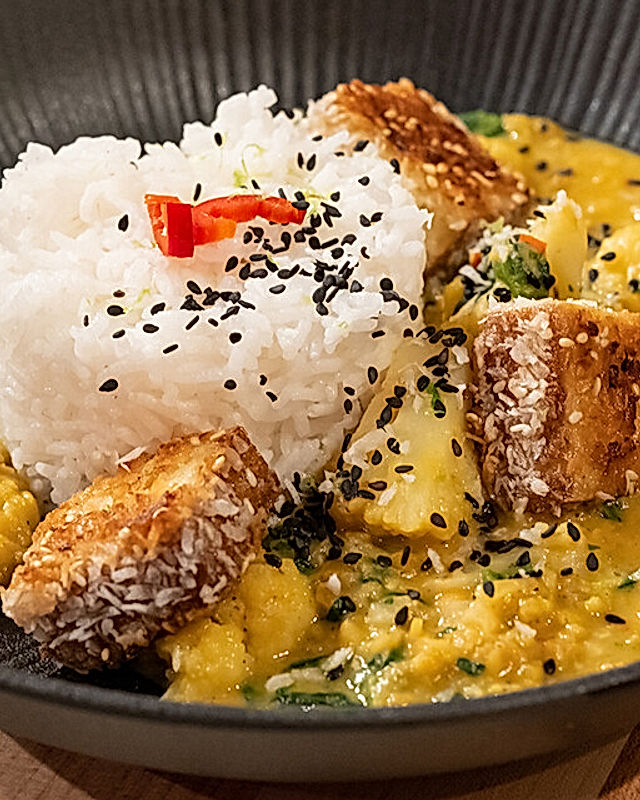 Linsen-Blumenkohl-Kokos-Curry mit Räuchertofu und Reis
