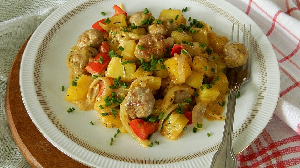 Bratwurstbällchen mit Kartoffeln und Paprika in cremiger Thymian-Honig ...