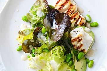 Eichblattsalat mit Edamame und gegrilltem Kabeljau