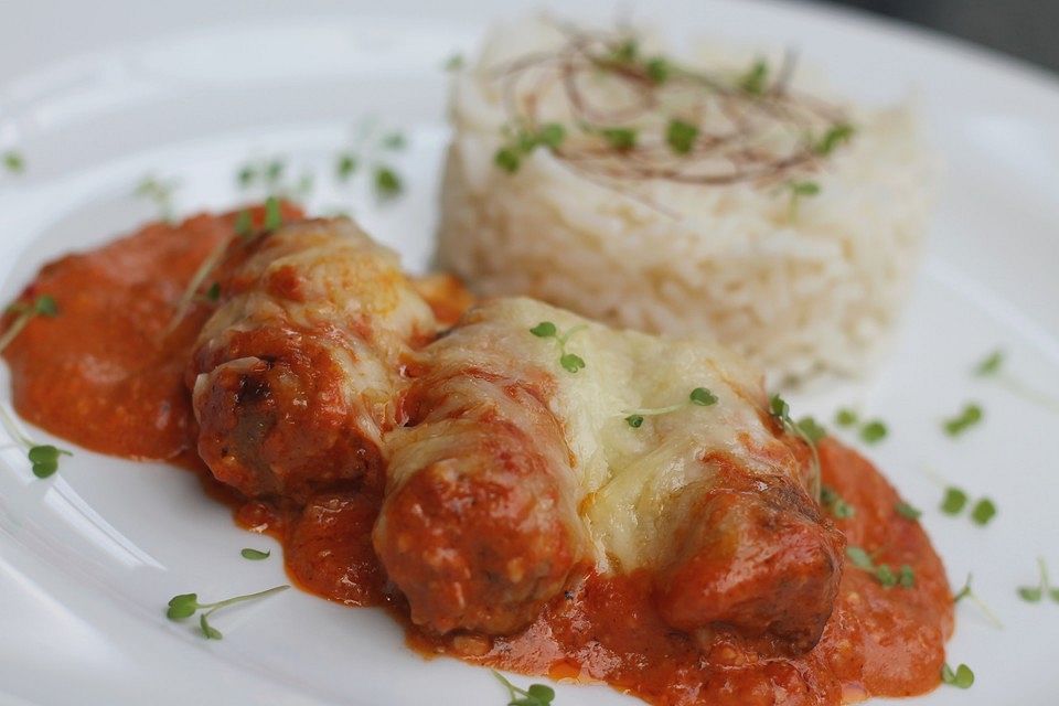 Cevapcici mit serbischer Soße und Käse überbacken