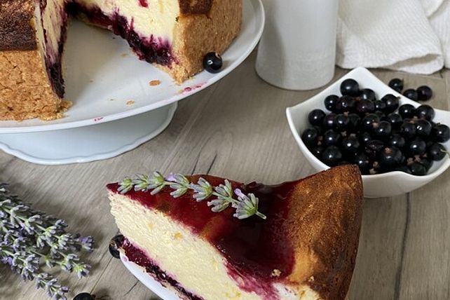 Käsekuchen mit schwarzen Johannisbeeren von Zuckerschnutenmaus| Chefkoch